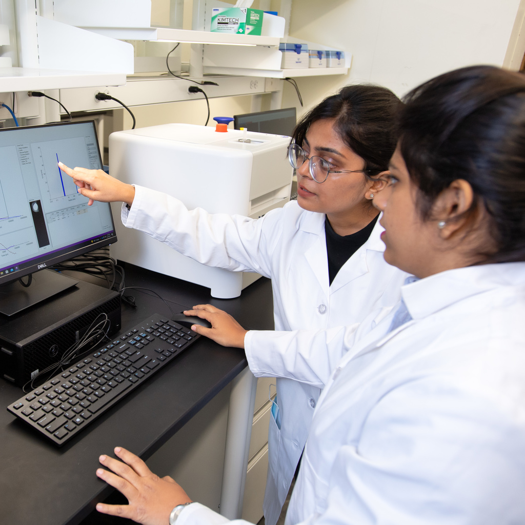 Photo of pharmacy lab researchers at computer